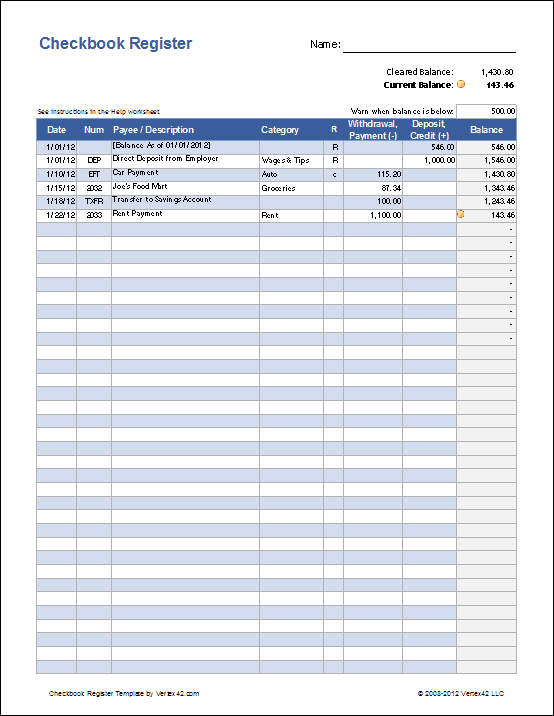 Free Checkbook Register Template Excel