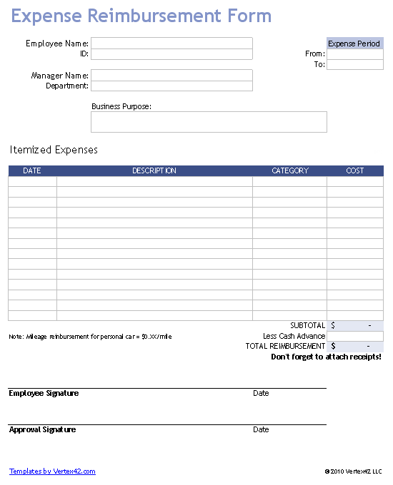 Reimbursement Form Template Excel