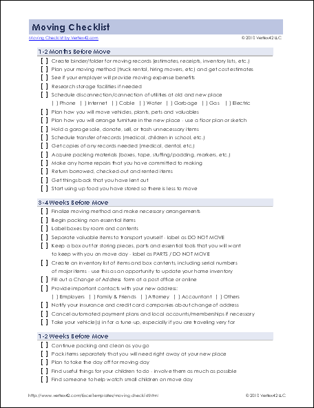 Detailed Moving Checklist Printable Moving Checklist for Excel