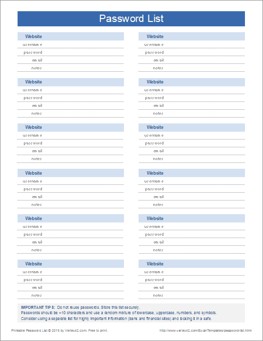 Free Printable Username And Password Log