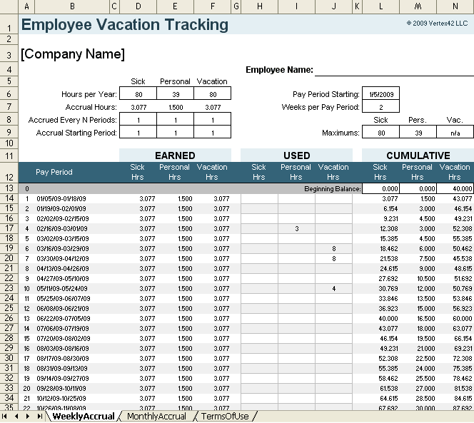 Printable Vacation Tracking Chart