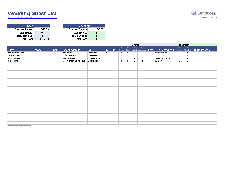 Free Wedding Guest List Template Google Sheets Martin Printable Calendars