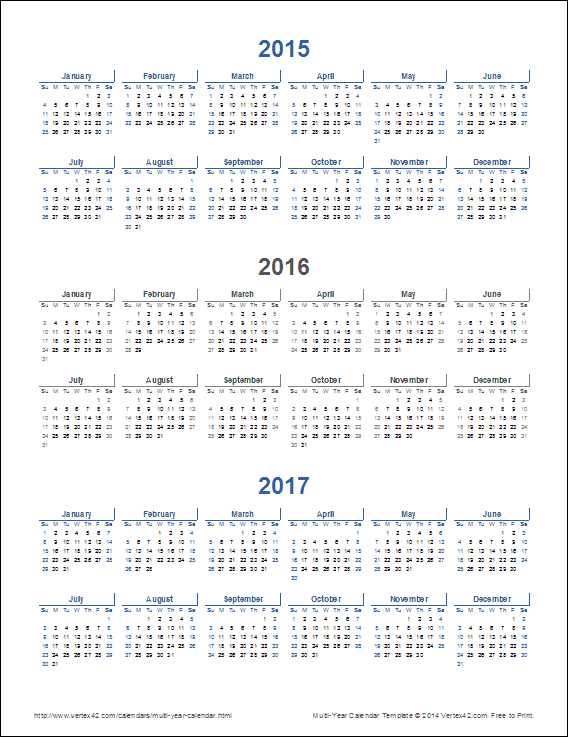 Free Printable 3 Year Calendar