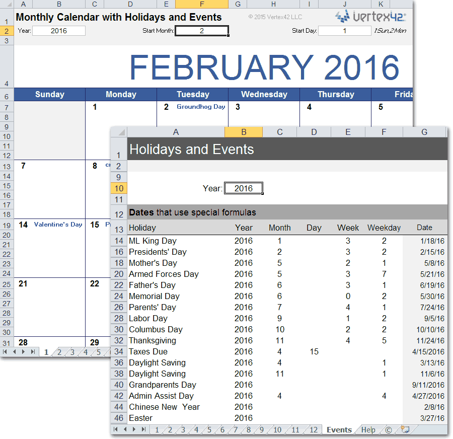 Monthly Calendar with Holidays for Excel