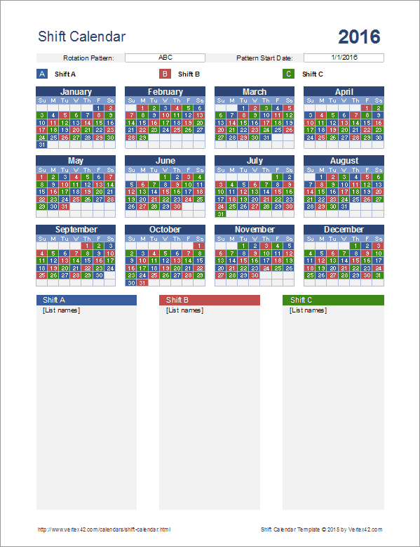 Shift Calendar Template