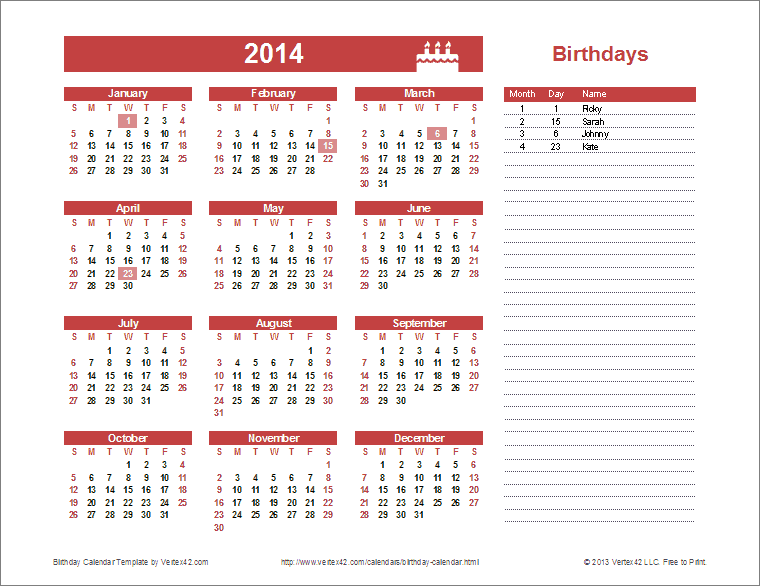 Birthday Calendar Template Yearly Birthday Calendar