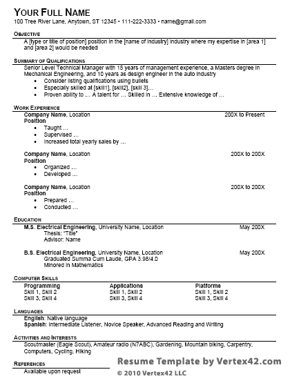 Resume Outline Templates Resume Template - Outline Format Screenshot