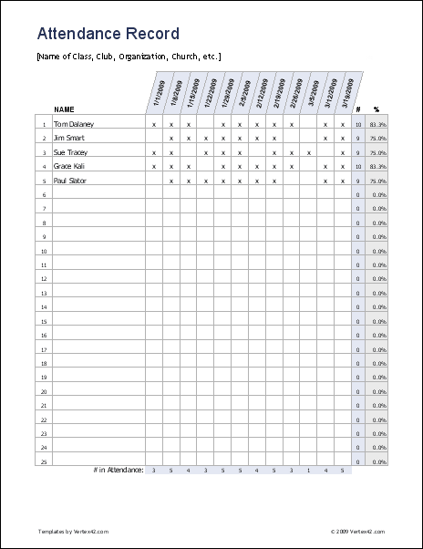 Attendance Record For Clubs Church And Sunday School Attendance