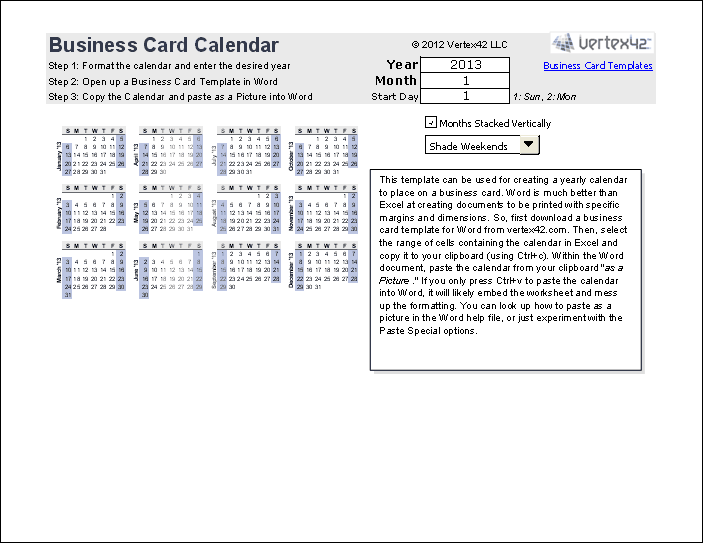 Print A Yearly Calendar On A Business Card