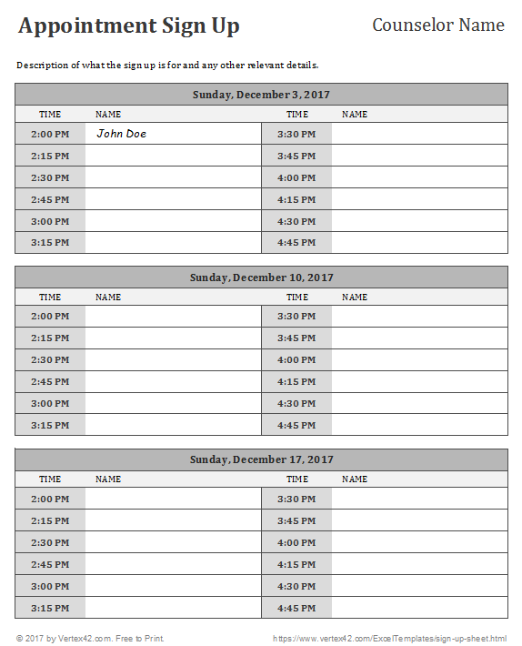 Sign Up Sheet Template Google Sheets