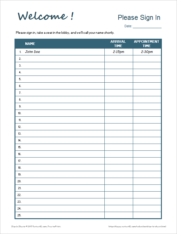 Printable Sign In Sheet