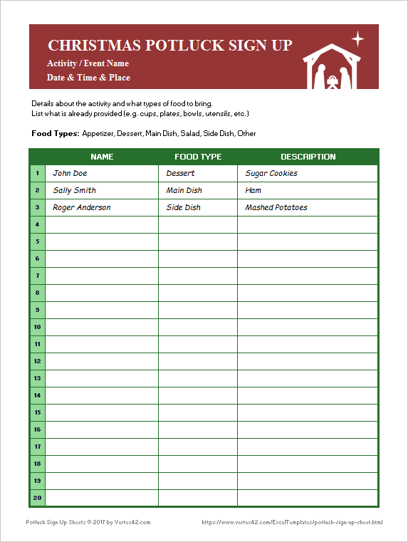 Potluck Sign Up Sheets for Excel and Google Sheets