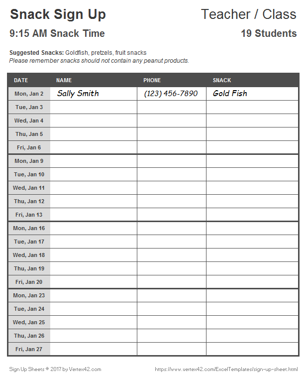 Snack Schedule Sign Up Sheet