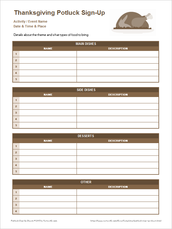 Thanksgiving Potluck Sign Up Sheet