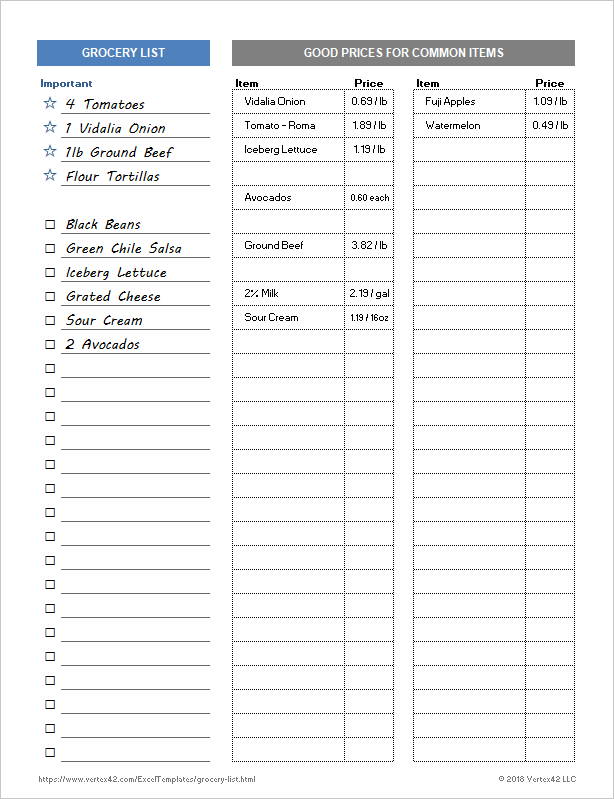 Grocery List with Prices