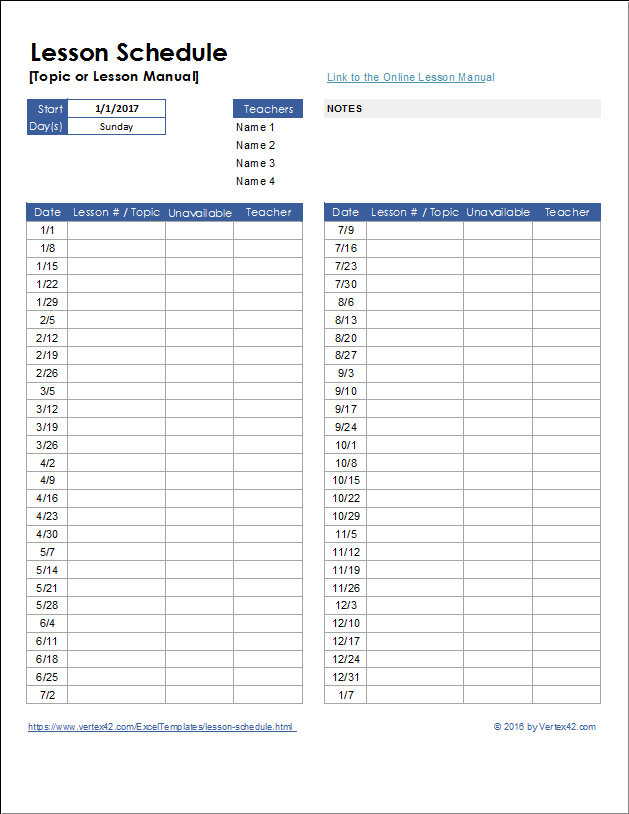 lesson schedule template for excel and google sheets