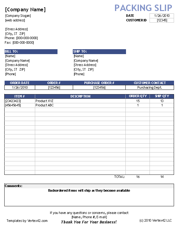 Packing Slip Template Excel