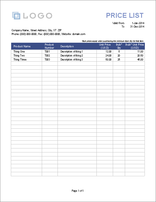 Price List Template Excel