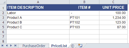 Price List Worksheet