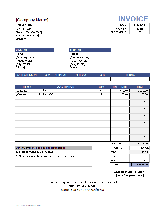 sales invoice template for excel