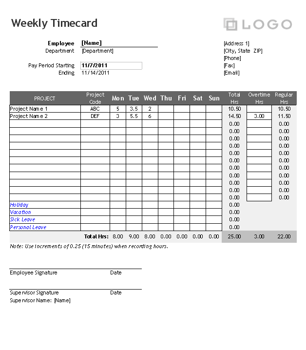 Weekly Timecard Template