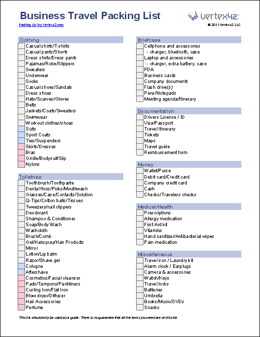 Create a travel checklist in word 