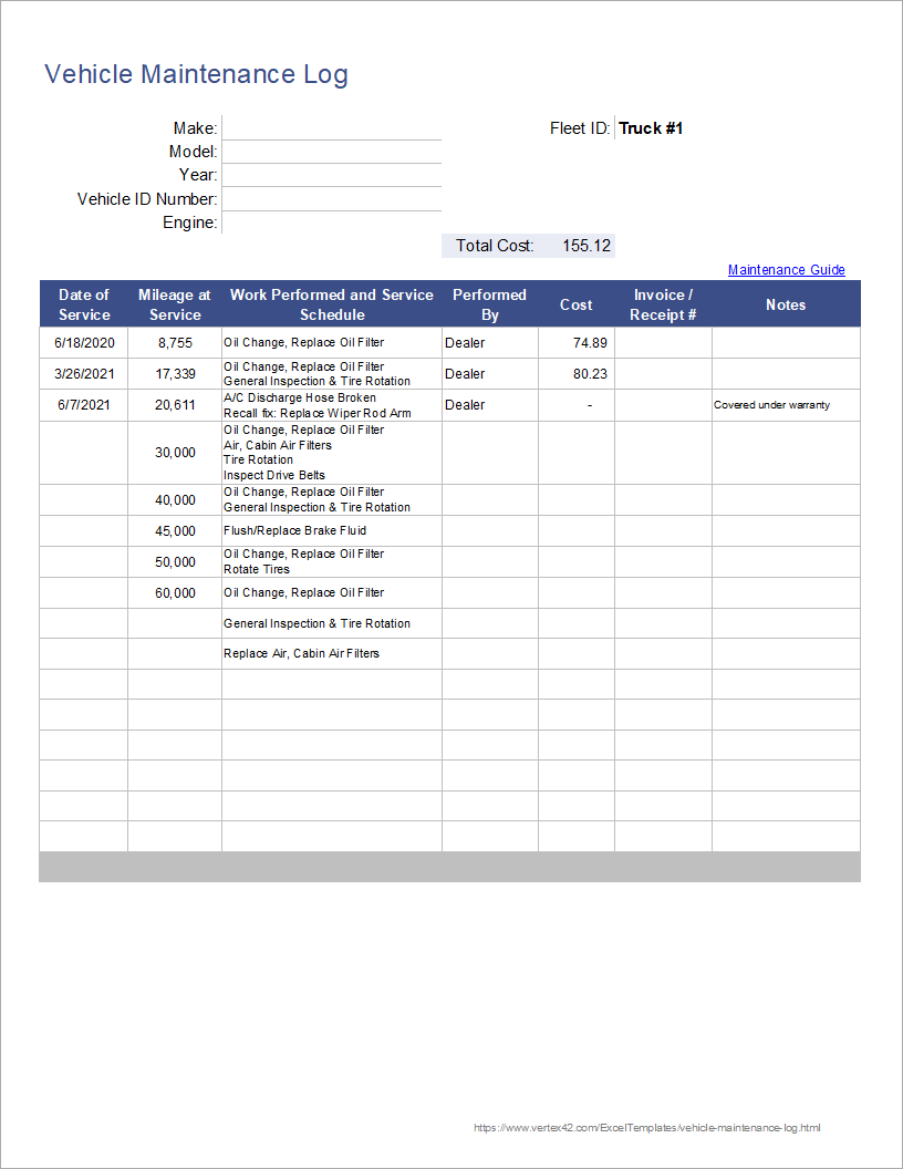 Vehicle Maintenance Log Sheet Template Excel