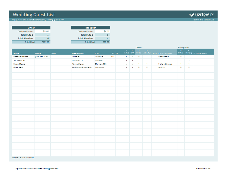 Wedding Guest List Spreadsheet Template Wedding