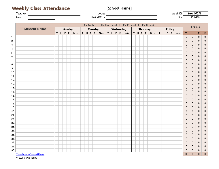 attendance chart template