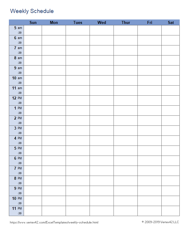 blank week calendar with times