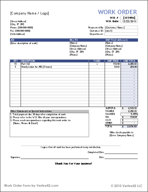 Work Orders Free Work Order Form Template For Excel