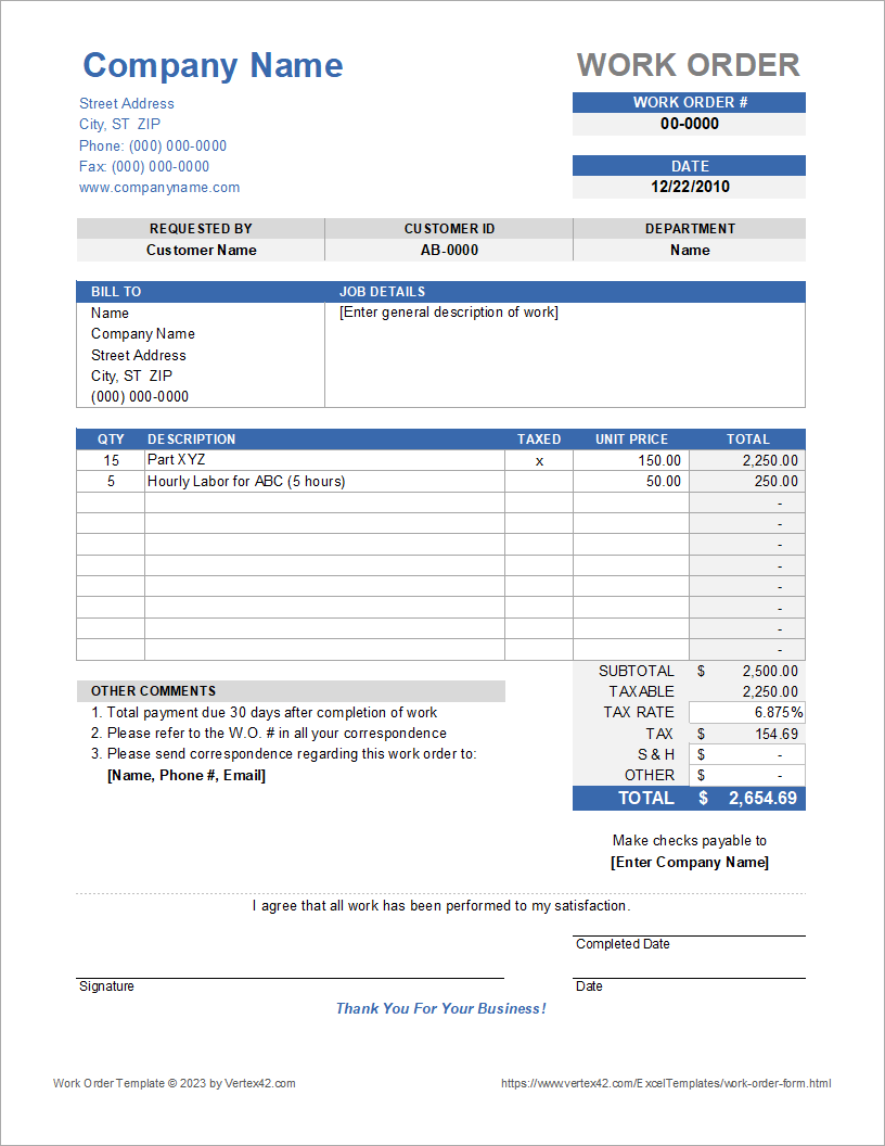 Free Work Order Form Template Free Work Order Templates