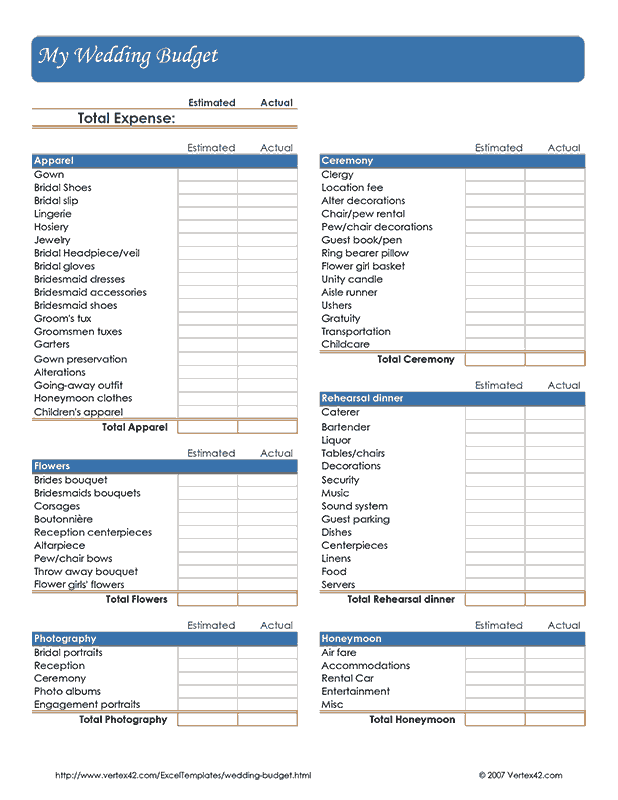 Free Wedding Budget Worksheet for Excel