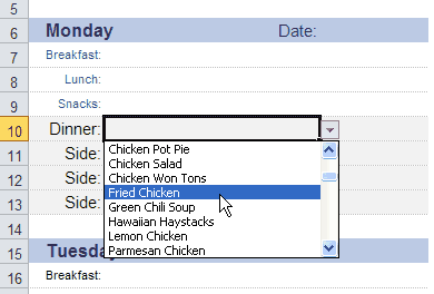 Easily select meals from drop-down lists