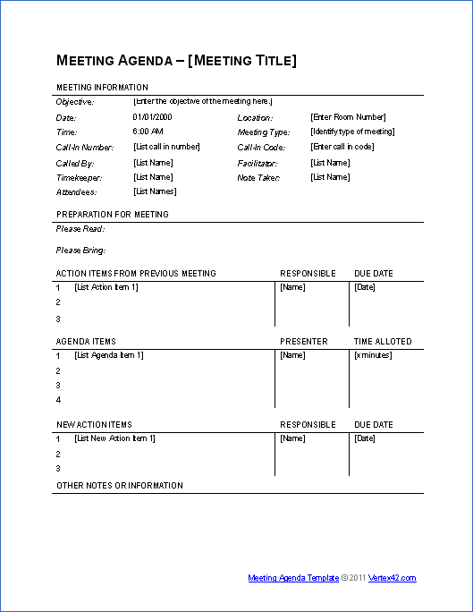 Business Meeting Agenda (Table format)