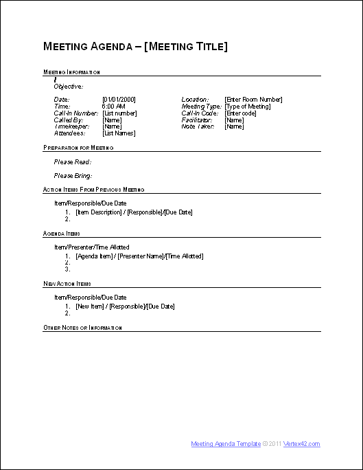 Business Meeting Agenda (Outline format)