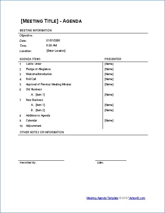 Committee Meeting Agenda (Table format)