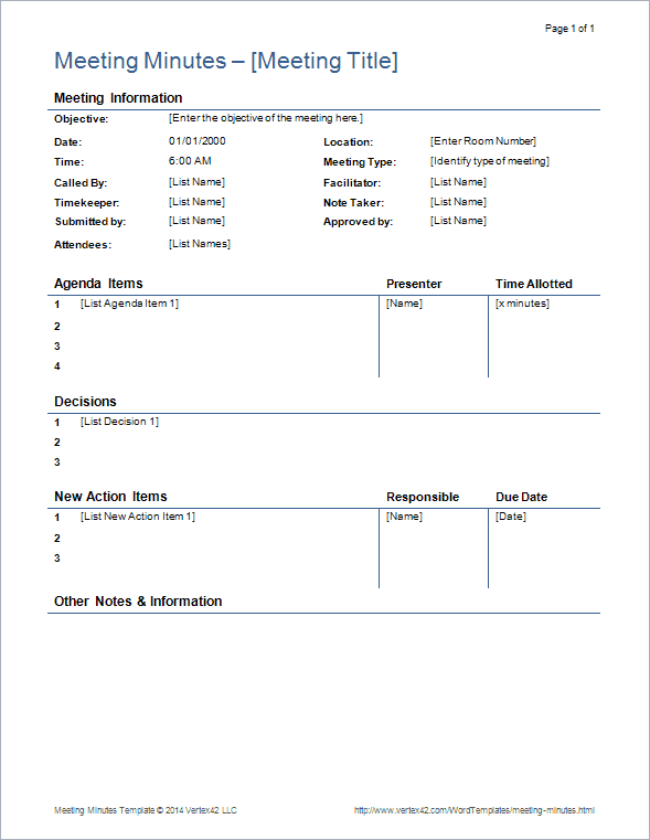 word templates meeting notes printable