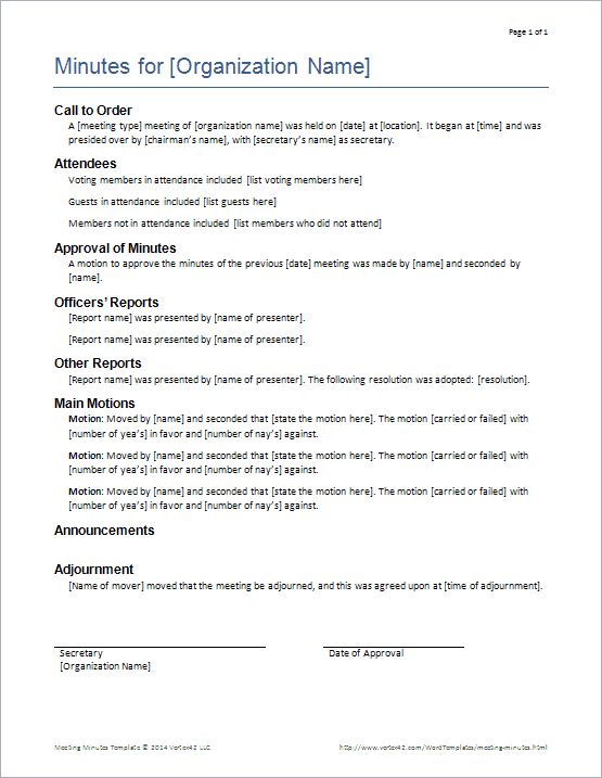 Meeting Minutes Templates For Word   Meeting Minutes Template Roberts Rules 