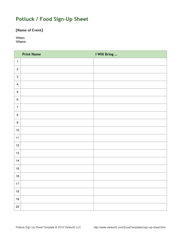 Potluck Sign Up Sheet Template