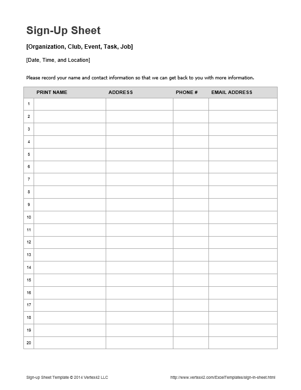 Sign Up Sheet Template