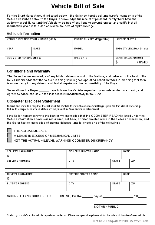 free template bill of sale for car word