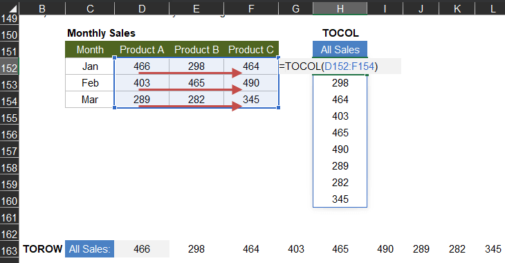 TOCOL and TOROW Functions in Excel