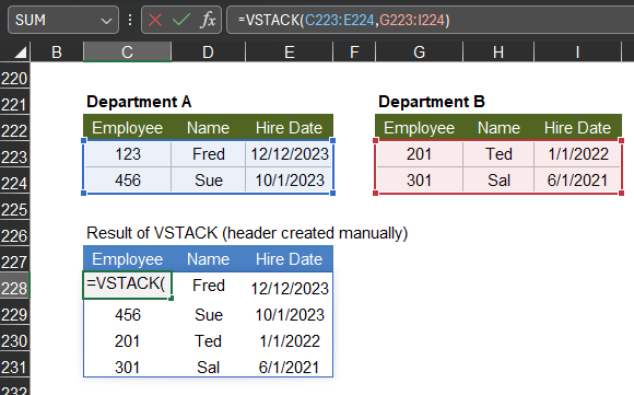 VSTACK Function Example in Excel