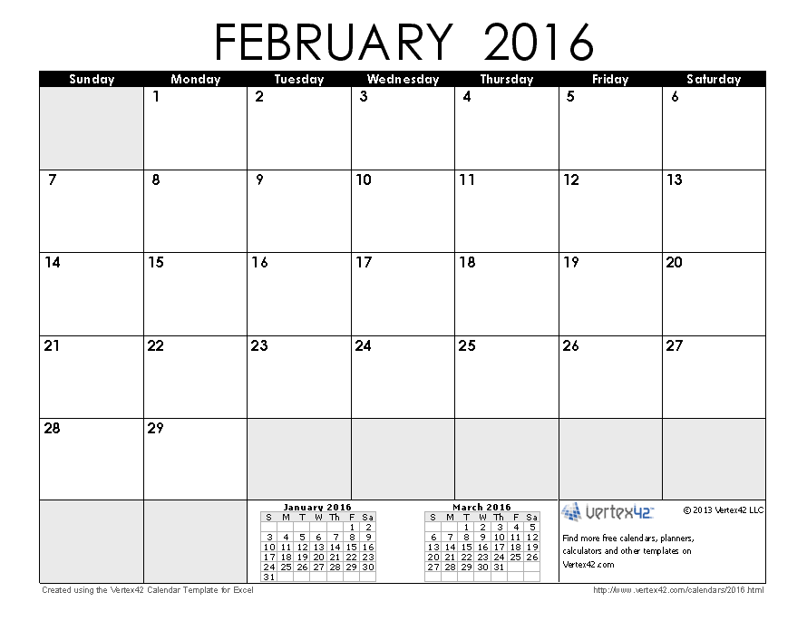 February 2016 calendar