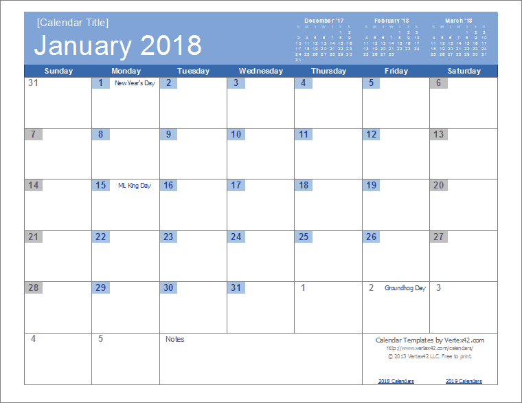 free 2018 calendar in excel for mac