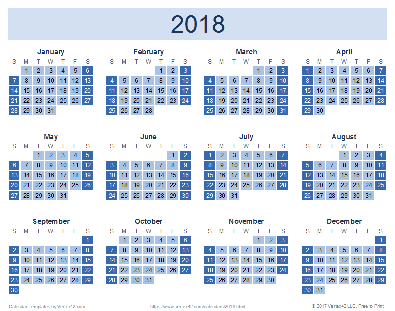 2018 year calendar with holidays