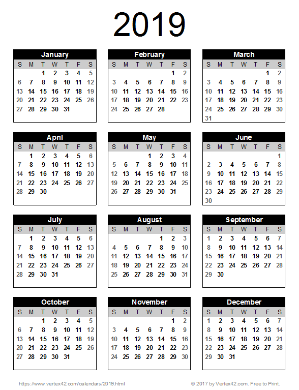 2019 mini calendar printable