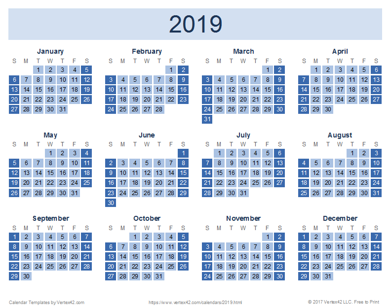 2019 calendar templates and images