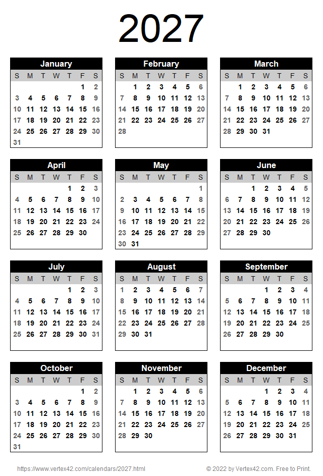 2027 Calendar - Portrait Orientation